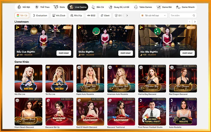 Giao diện các sảnh casino VUA99 với đặc trưng phong cách riêng