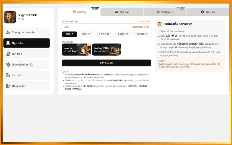 Hướng dẫn nạp tiền VUA99 qua chuyển khoản ngân hàng