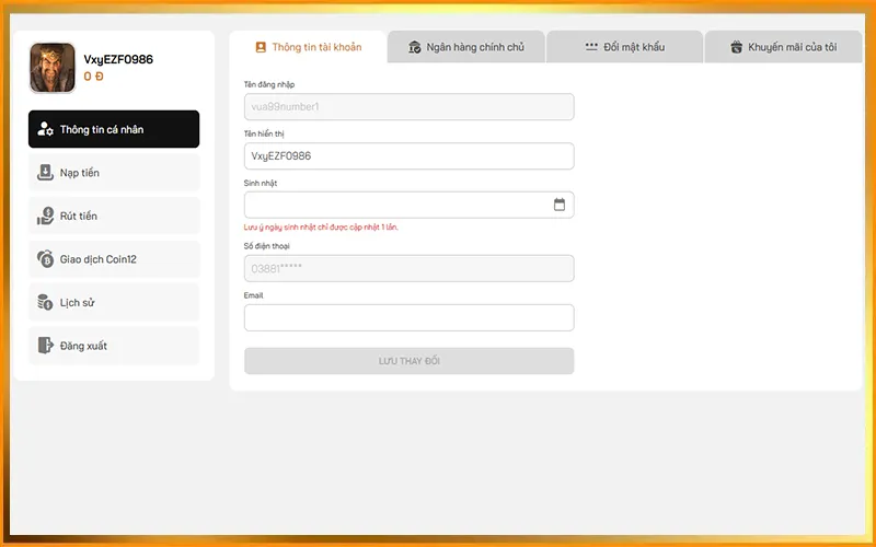 KYC tài khoản để nạp tiền rút tiền VUA99 minh bạch