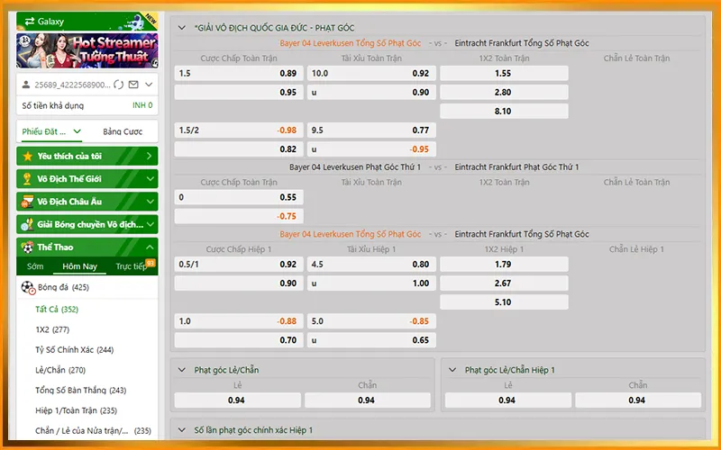 Người chơi có thể chọn nhiều loại kèo phụ tại VUA99