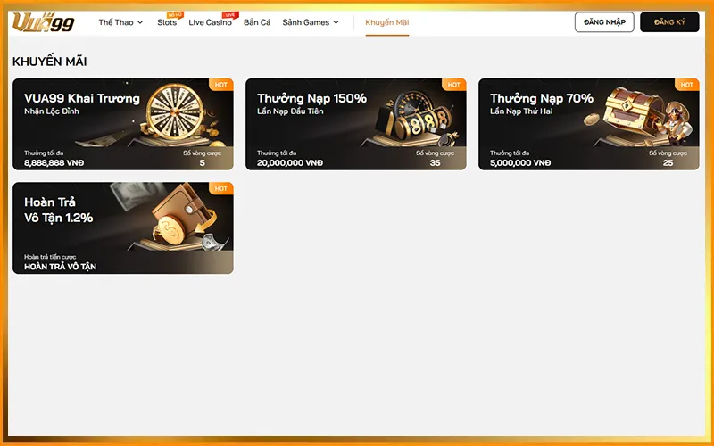 Khuyến mãi VUA99, thưởng chào mừng, hoàn trả, giải đấu casino