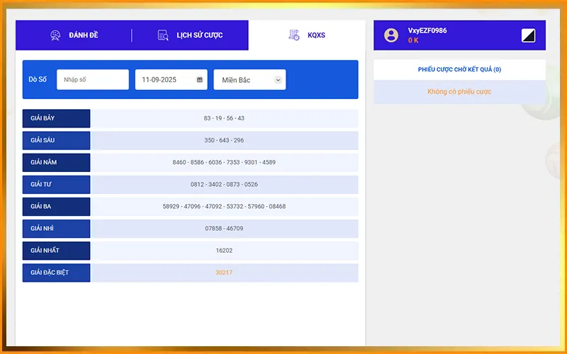 Giao diện hiển thị kết quả xổ số VUA99 theo thời gian thựcTỷ lệ trả thưởng cao, rõ ràng và minh bạch